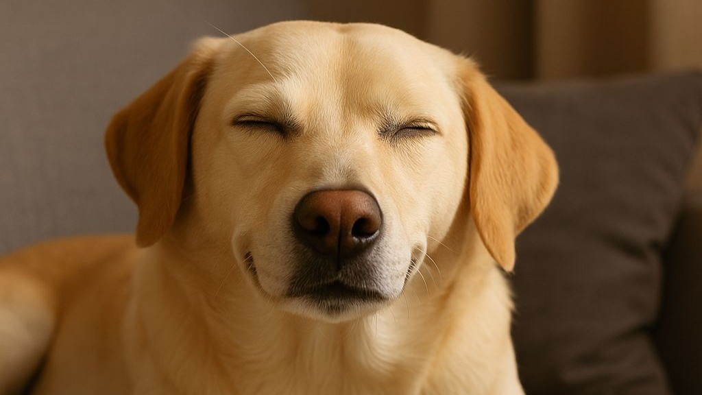 Relaxed cream and tan Labrador mix lying on a gray sofa, representing calm and well-being from gentle vagus nerve stimulation for dogs.