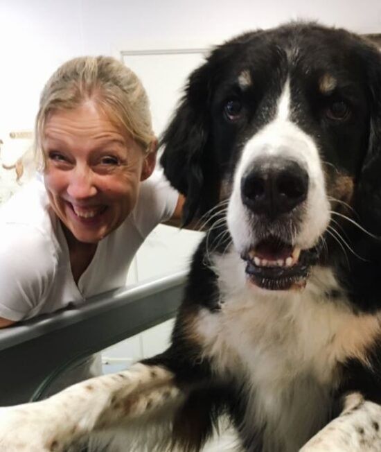 author with cody just after a rehab session with underwater treadmill